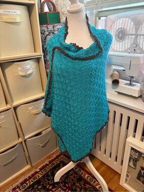 Handmade Teal Knit Shawl with Brown Trim
